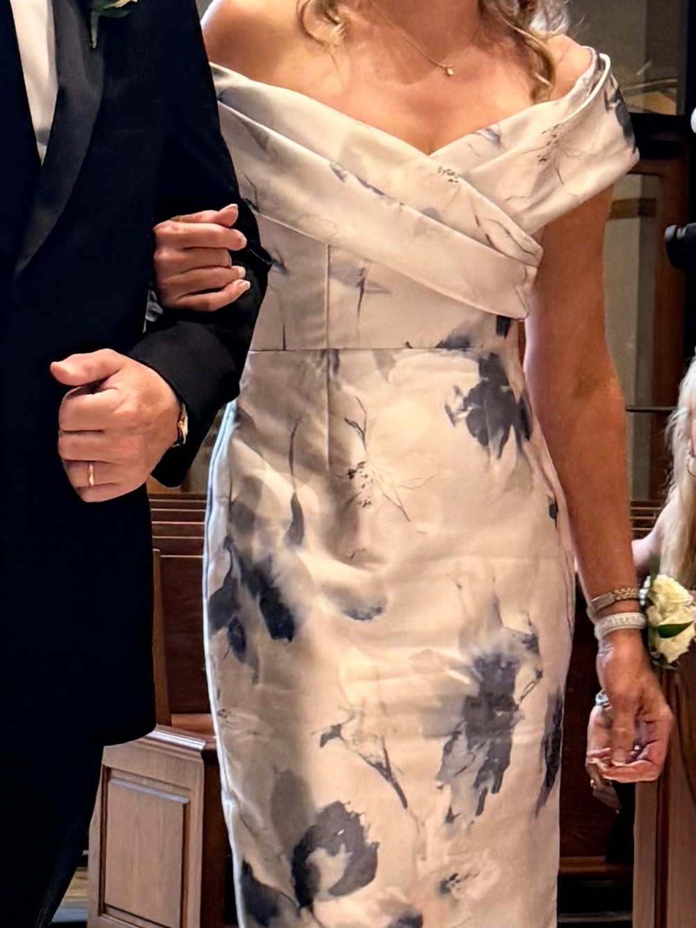 ALFRED SUNG Constance Light gray and Blue Floral Off-Shoulder Maxi Dress - Picture 12 of 15